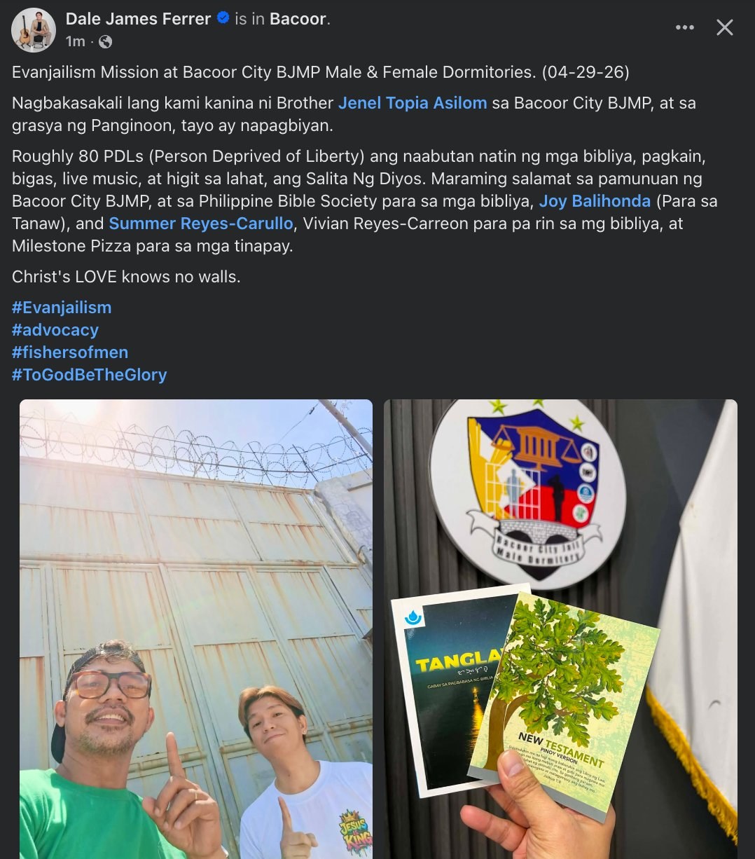 Evanjailism mission at Bacoor City BJMP Male and Female Dormitories — around 80 persons deprived of liberty received Bibles, food, rice, and live music
